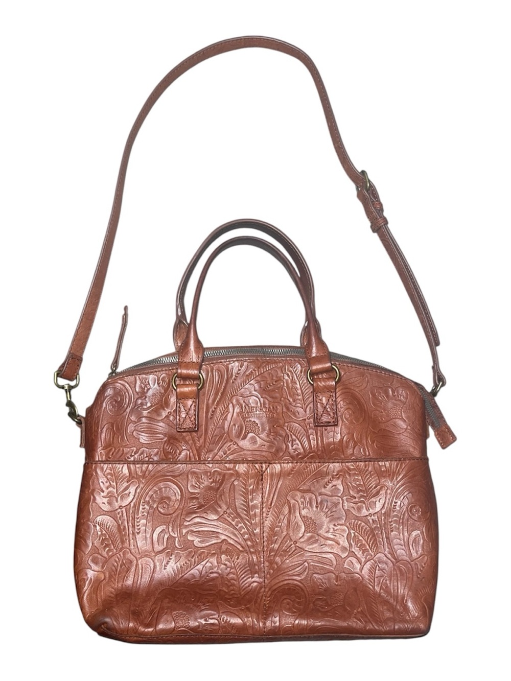 American Leather Co. Carrie Dome Satchel – Brandy Tooled Embossed Floral Leather
